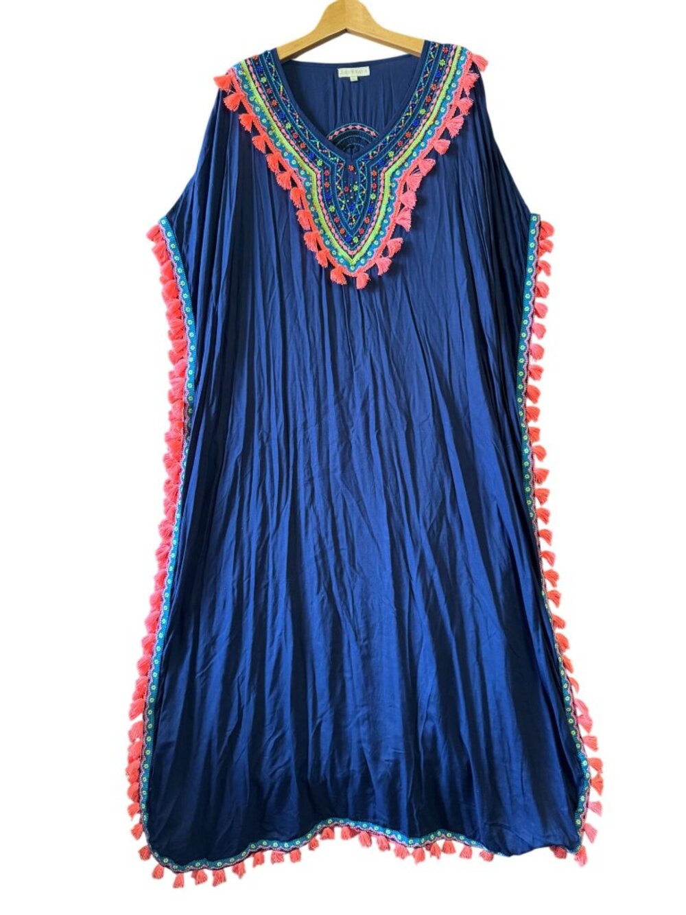 Ruby Yaya Beaded Tassel Kaftan Dress Navy Multicolor Boho - L